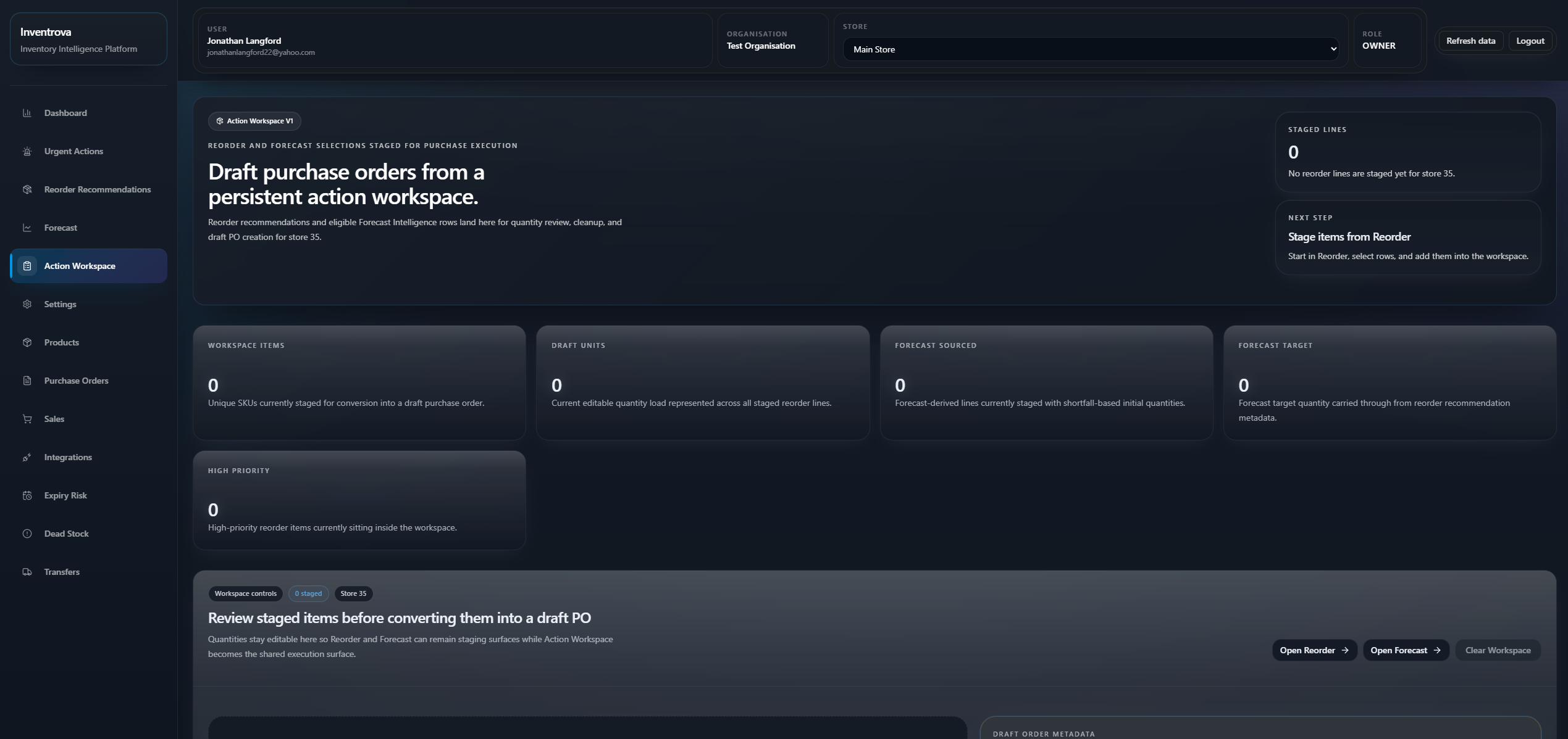 Inventrova action workspace used to stage and convert inventory actions into a draft purchase order