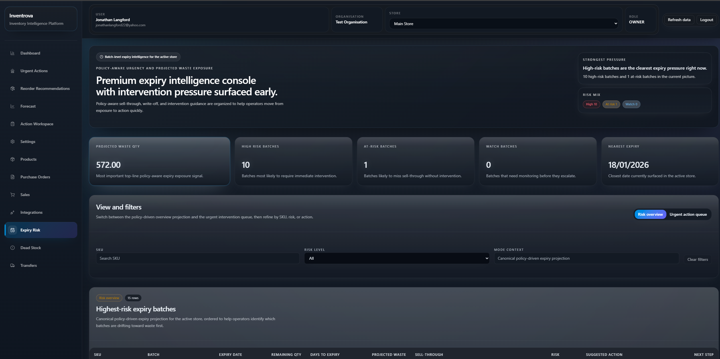 Inventrova expiry risk console with high-risk batches and intervention visibility