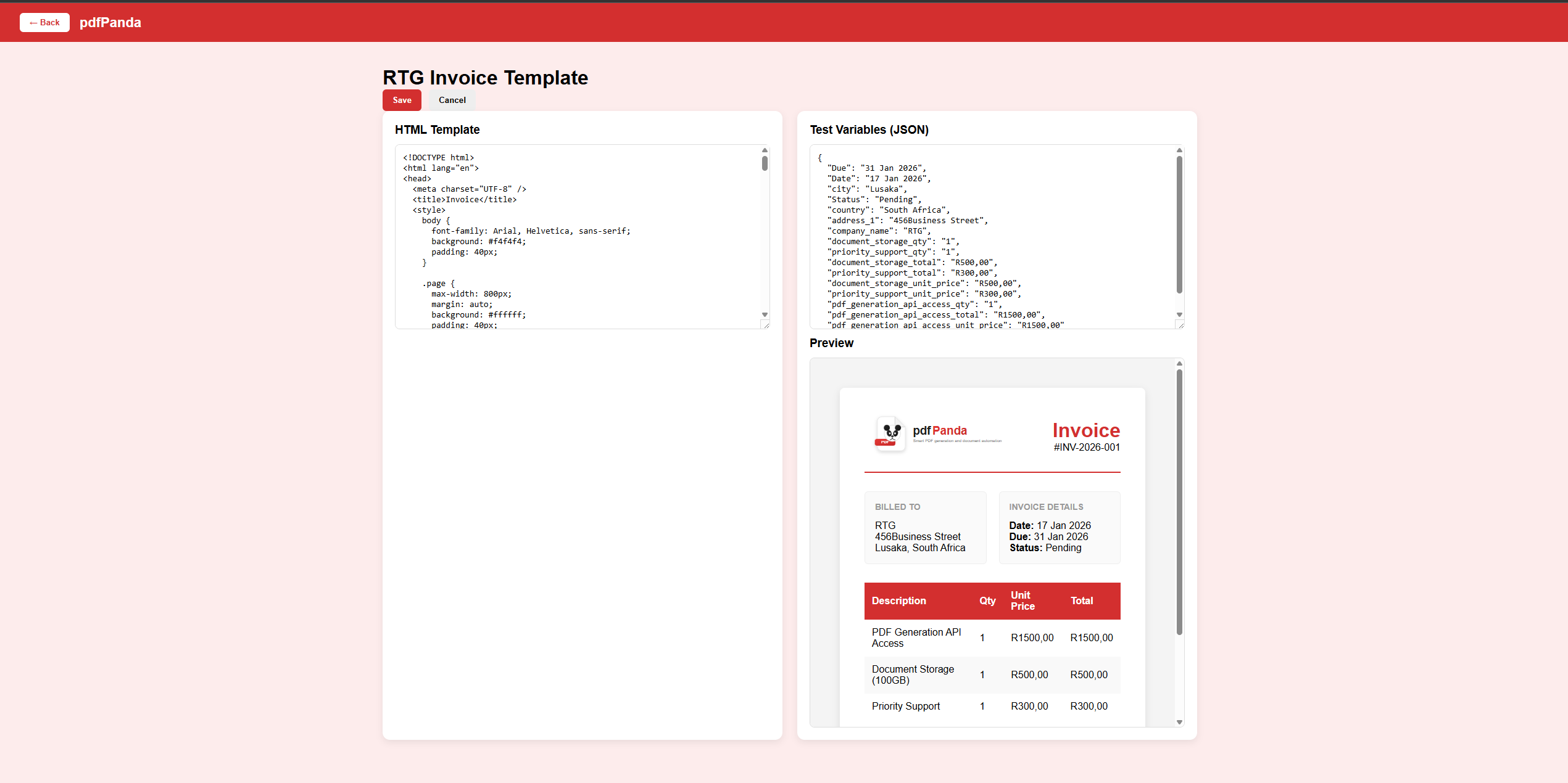 pdfPanda template detail view